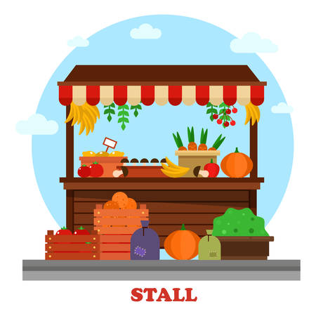 Market or bazaar stall or food counter with tomato and carrot, orange and mushroom, pumpkin and lemon with price, cherry, banana hanging from above and bag of groceries or goods on the groundのイラスト素材