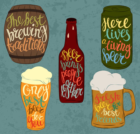 Wood barrel or keg with beer and aluminium or steel beverage can, glass bottle with condensated liquid drops and pint glassware. Lettering with detailed font on stein or mug, jug with light and dark beer, cask ale and lager. Bar and restaurant useのイラスト素材