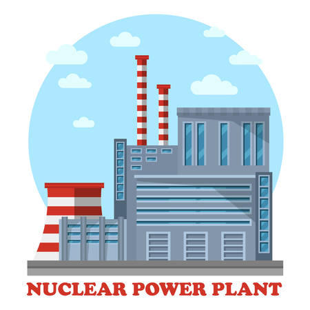 Nuclear power plant with reactor that makes electricity. Side view of steam turbine and tower for cooling water, chimney. Building for renewable and sustainable energy.のイラスト素材