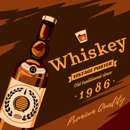 Whisky or whiskey glassware bottle with grains on sticker and premium quality text retro or vintage, old style poster. Alcohol beverage or booze for bar and restaurant themeのイラスト素材