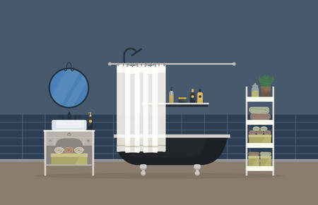 Bathroom interior, home room for hygiene. Sink with faucet and mirror, bathroom with shower head and valve, hand and body towel and gel, washbasin with shampoo and soap, lotion and deodorantのイラスト素材