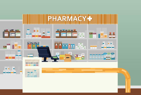 Medical pharmacy or drugstore interior design. Chemist or apothecary, dispensary and clinical, ambulatory or community shop for pills or tablets, lozenge in flasks. Medicine and healthcare themeのイラスト素材