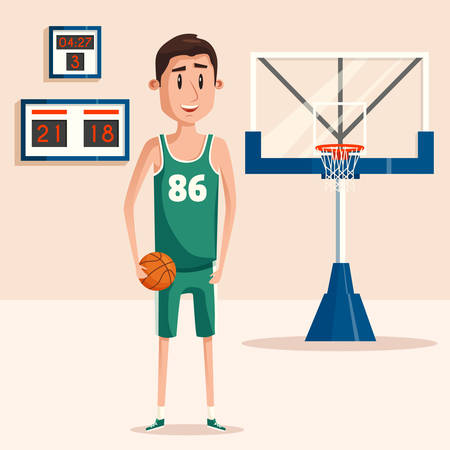 Basketball player in uniform holding ball near backboard with hoop and net. Scoreboard showing time. Perfect for university or college, professional sport games illustration or championship bannerのイラスト素材