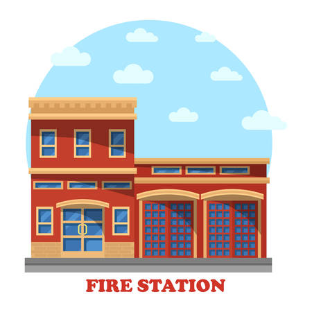 Fire station or department structure for firefighters panorama. Building with firemen for rescue and protect service. Outdoor exterior view on municipal construction on streetのイラスト素材