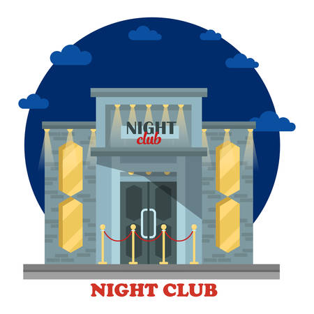 Night club facade with entrance and lights. Building or construction for chill out and relaxation on holidays, dancing. House for leisure and alcohol drinking. Structure outdoor exterior viewのイラスト素材