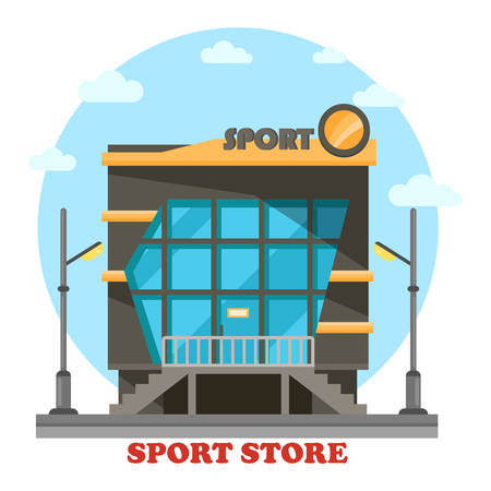 Sport shop or store for equipment or accessories. Facade of building or construction for sportswear cloth or gear, fashion outlet and activity or athletic outfit. Outdoor exterior viewのイラスト素材