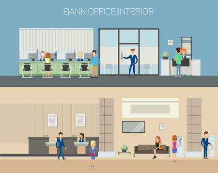 Bank office interior with consultants at reception with computers and clients sitting on couch and chairs, people using cash dispenser. Great for financial and credit, banking and consulting themeのイラスト素材
