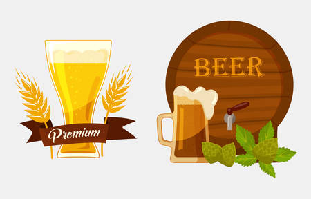 Barrel or keg with beer and glassware goblet with foam, hop and barley or malt and ribbon saying quality. May be used for alcohol banners at restaurant, brewery emblem design, bar badgeのイラスト素材