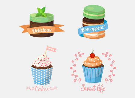 Dessert cake and sweetie cupcakes, pastry with mint leaf on top and ribbons saying delicious and bon apetit, love.のイラスト素材