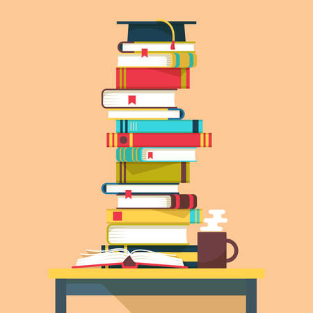Pile or tower, stack or heap of books for school education and square academic cap with tassel above on table. Great for study and reading, literature and learning, intelligence and science themeのイラスト素材