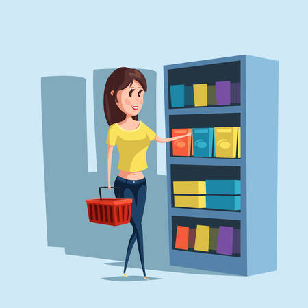 Woman or girl shopping at supermarket with basket. Girl choosing goods at store or shop, cartoon woman or female buy or purchase products. For woman consumer logo and girl or woman shopping bannerのイラスト素材