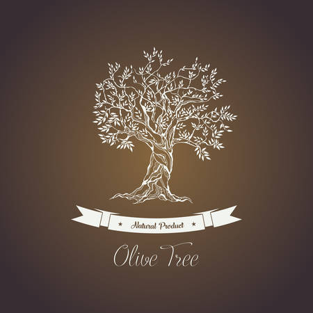 Greece olive tree logo with branches, vegetarian food. Olive grove banner or badge, olive oil sticker for bottle. May be used for vintage greek olive tree emblem, sign, liquid of olive tree ingredientのイラスト素材