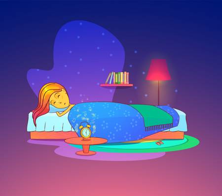 Girl or woman sleeping or dreaming in bed with pillow. Female sleeping in bedroom interior at bedtime, tired beautiful woman asleep. For health or room theme, sleeping woman or girl, lady in bedのイラスト素材