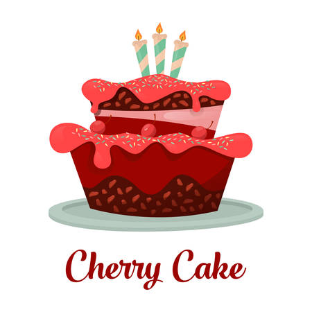 Dessert food or cherry cake with candles. Cake with cream and chocolate for birthday celebration,...