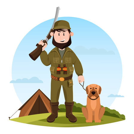 Cartoon hunter with rifle and hunting dogのイラスト素材