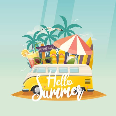 Old mini van and surfboard, palms, gullのイラスト素材