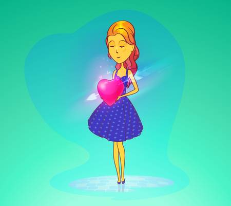 Woman or girl, young lady in skirt or dress holding heart with cupidon arrow. Cartoon female in love or valentine day, romance anniversary. Amorousness and beguin, flirt and passion,happy people themeのイラスト素材