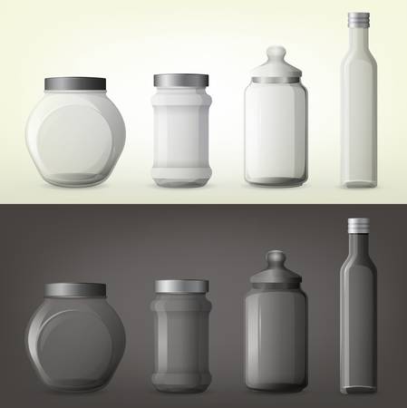 Set of isolated glassware bottles for spicy cooking ingredient. Jar with spice or container for seasoning, can for salty herb. Nutrition and cook, organic food and kitchen utensil, gourmet themeのイラスト素材