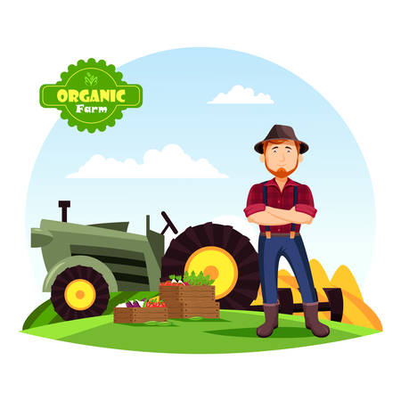 Farmer man in hat with beard near boxes with vegetable harvest like eggplant and tomato, beets. Man near tractor or agrimotor at his organic or farm producing eco food. Healthy nutrition, agricultureのイラスト素材