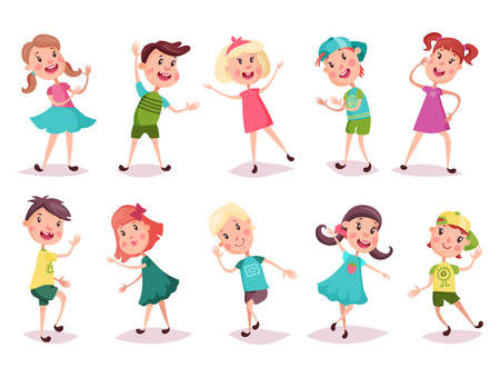 Children or kids playing and grimacing. Cartoon young boy in cap and girl with pigtails in skirt dancing.のイラスト素材