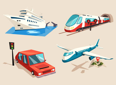 Car or auto, yacht or ship, plane or jet, train on railroad or locomotive, aircraft and airplane.のイラスト素材