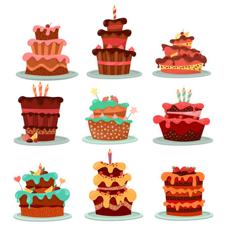Sweet and isolated cakes, set of dessert food with candle. Pastry with cream and chocolate, icing...