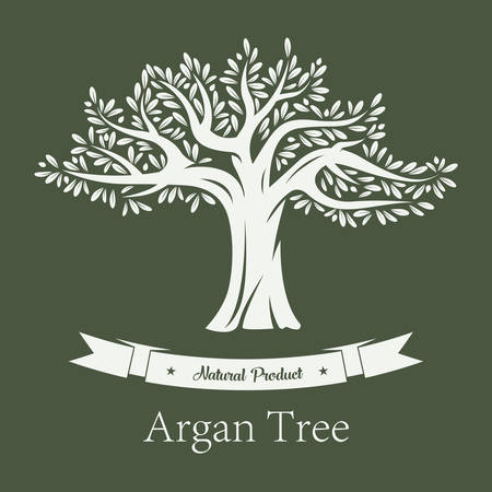Argan tree or argania plant with branches and foliage. Organic vegetarian or vegan fruit product, cosmetic skincare production. Bottle label or grove logo, biology and healthcare themeのイラスト素材