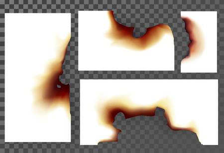 Damaged or burnt sheets of paper with ash, torn and scorched edges of paper by heat on parchment. Fire and flame, burning and ignition, demolishing and blazing light themeのイラスト素材