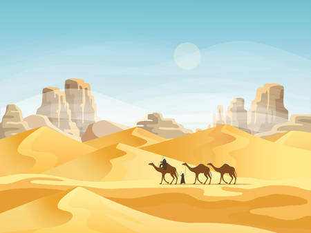 Desert with convoy or camel caravanのイラスト素材