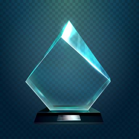 Hexadecimal transparent glassware cup or rhombus victory trophy, crystal shiny pedestal prize or achievement award with light reflection. Leadership and championship badge, sport winner signのイラスト素材