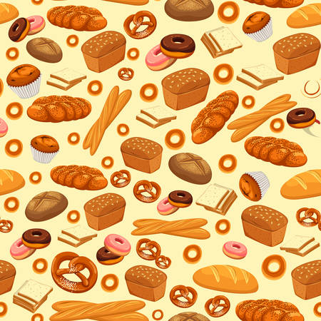 Seamless pattern with baked bread and pastry foodのイラスト素材