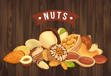 Nut pile as banner with kernel and shell, signのイラスト素材