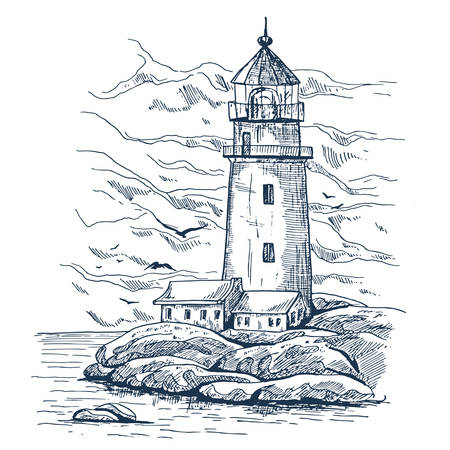 Lighthouse on island with rocks sketch on white background.のイラスト素材