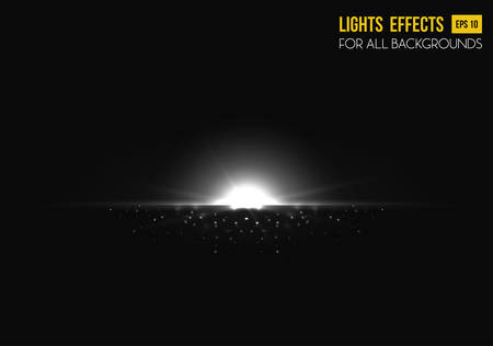 Sunrise or sunset, shiny sun light effect on transparent background. Sun beam or sun flare template. May be used for sunburst poster or star placard, sun sunbeams radiance.のイラスト素材