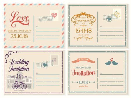 Set of isolated vintage or retro wedding invitation card. Married couple ceremony invitation blank or empty, clear paper. Family celebration, love and relationship, husband and wife, bridal themeのイラスト素材