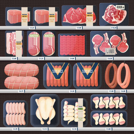 Showcase with meat products and price tagsの写真素材