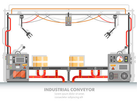 Plant or factory conveyor line. Robot system at assembly or modern manufacturing belt with robotic arms. Production of pack or boxes, cardboard. Automation and technology themeのイラスト素材