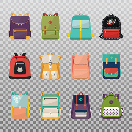 Set of kid rucksack or children bag, people handbag or boysatchel, girl knapsack or voyage backpack for expedition. Baggage or luggage for school or college. Trip or education themeのイラスト素材