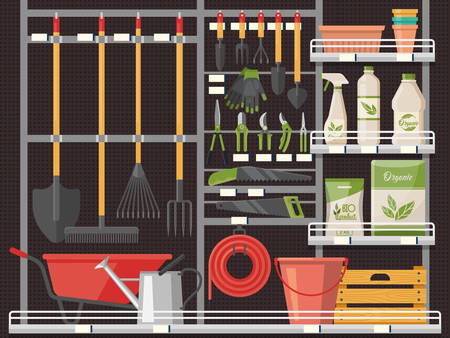 Gardener shop or store showcase with equipment. Horticulture and agriculture accessory like flowerpot and pitchfork, seed and watering can, gloves. Farming and garden, cultivation and merchandisingのイラスト素材