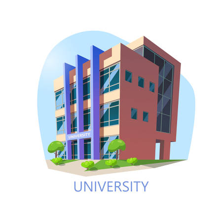 Isometric university building. Modern construction for higher education, exterior view at municipal college or university. Architecture and study, knowledge institution and panorama themeのイラスト素材