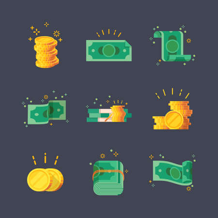Set of isolated dollar banknotes and glowing golden coins, money. Simple paper and metal cash icons and flat bucks. Financial and monetary, commercial and economy, treasure and payment, savings themeの写真素材