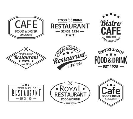 Premium cafe logo and royal restaurant branding symbol. Retro icon with stars, knife and fork for food and drink branding insignia. Vintage label for cooking brand. Bistro and cafe signs or bannerのイラスト素材