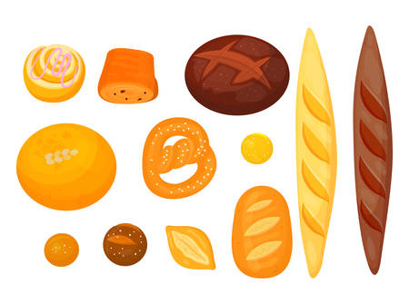 Set of isolated pastry or bakery. Donut or doughnut, croissant and pretzel, anadama or brick, butterbrot bread, baguette or baton. Rural and cereal, agriculture and grocery, food and nutrition themeのイラスト素材