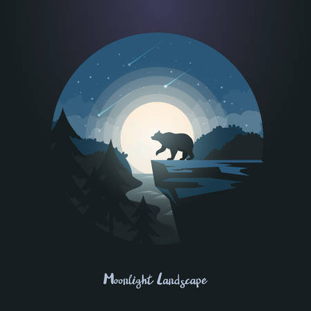 Bear at cliff in night landscape. Grizzly standing on rock at forest with river. American animal at midnight panorama. Dusk or midnight, twilight wildlife nature with moon, meteor rain. Wildlife themeのイラスト素材
