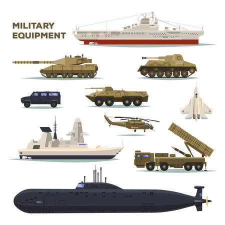 Set of isolated military or army icons. Nuclear submarine and armored tank, helicopter and bomber or airplane, aeroplane and carrier ship, vehicle and cruiser. War transport and force, navy themeのイラスト素材
