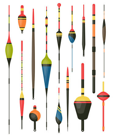 Set of isolated fisherman bobber or angler hook. Float for rod or water tackle, plastic fish bait. Sport or recreation fishing equipment or items. Catch and lake, pond or river, outdoor hobby themeのイラスト素材