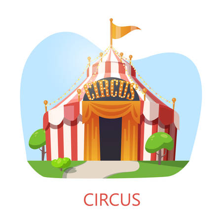 Circus tent or stripped marquee facade with flag. Entrance of camp or encamp for entertainment show. Bivouac for performance, urban panorama for festive banner, amusement park logo. Festival themeのイラスト素材
