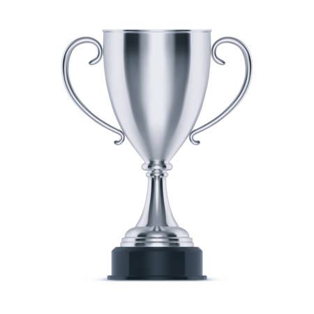 Silver cup or trophy for second place. 3d metal goblet for sport competition, award for soccer or race. Contest and ceremony, celebration and achievement. Shiny game reward and championship themeのイラスト素材