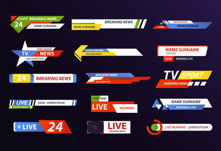Set of isolated news logo or live hd tv broadcast, web stream or channel icon design, television show banner or breaking world or global news, streaming website banner. Video sign and headline tagのイラスト素材