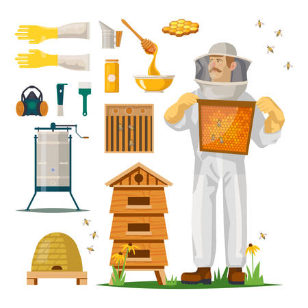 Hiver in suit or beekeeper with mask with honeycomb. Icons for apiculture. Smoker and gloves, frame and bee tool, respirator and feeder, queen excluder and spoon. Beehive and insect, agriculture farmのイラスト素材